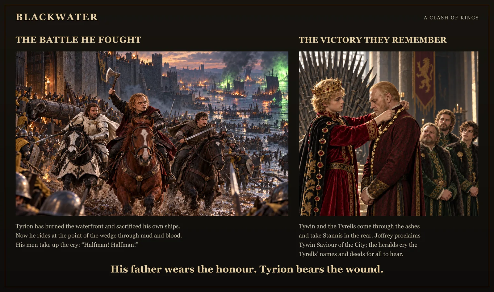 A paired plate contrasts Tyrion riding into the Blackwater defence with Tywin receiving court honours. The headings read The Battle He Fought and The Victory They Remember.