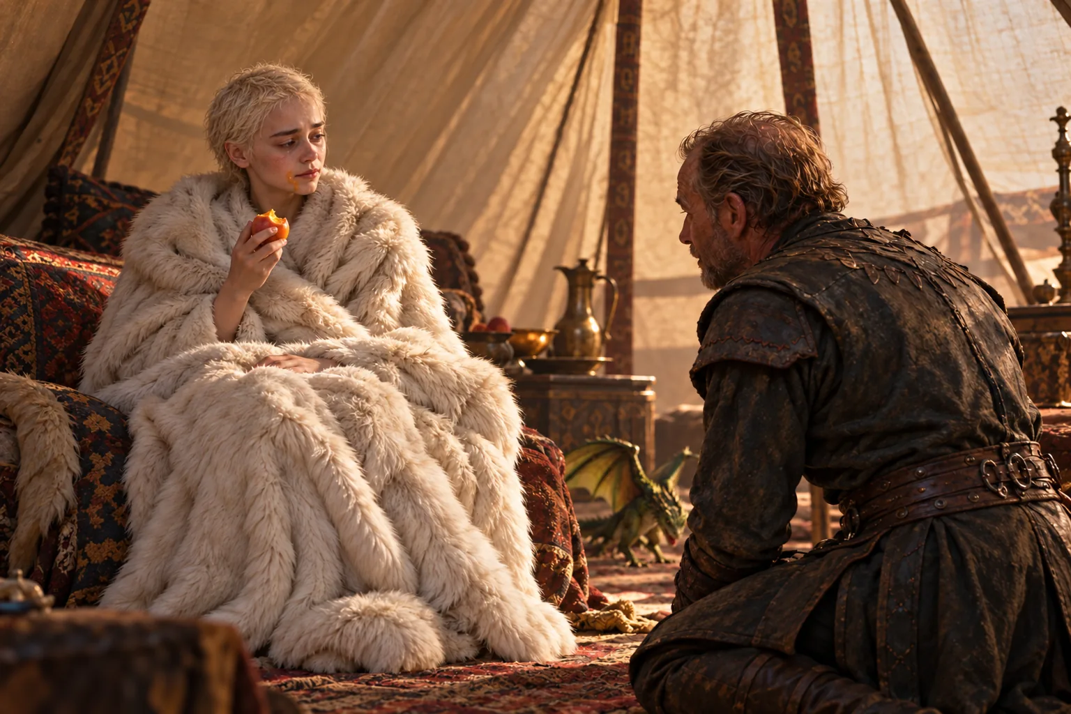 In her tent at Vaes Tolorro, Daenerys wears a white lionskin and holds a peach as Jorah kneels before her.