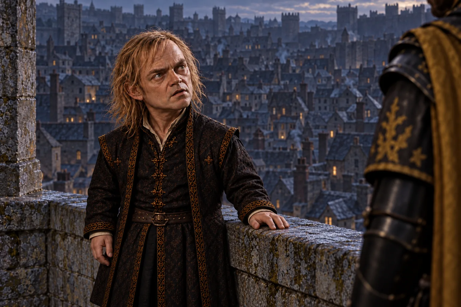 On a stone terrace above King’s Landing at dusk, Tyrion turns towards Bywater’s cropped armoured figure, his hand resting against the parapet.