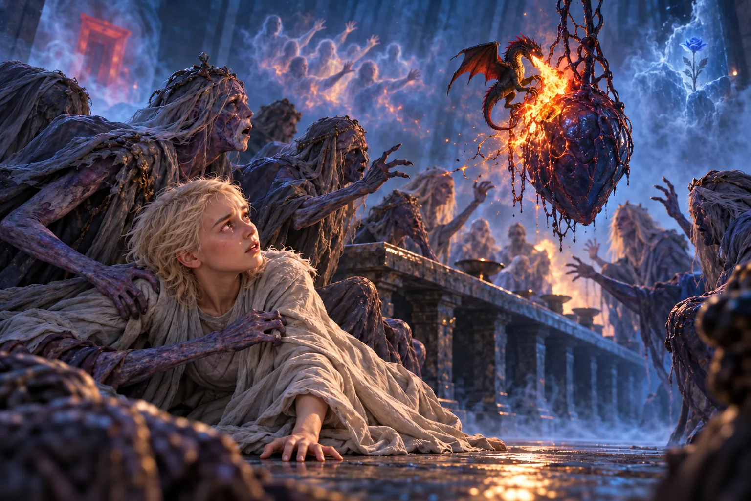 Daenerys crouches amid the reaching Undying while Drogon tears and burns the suspended blue heart above her.