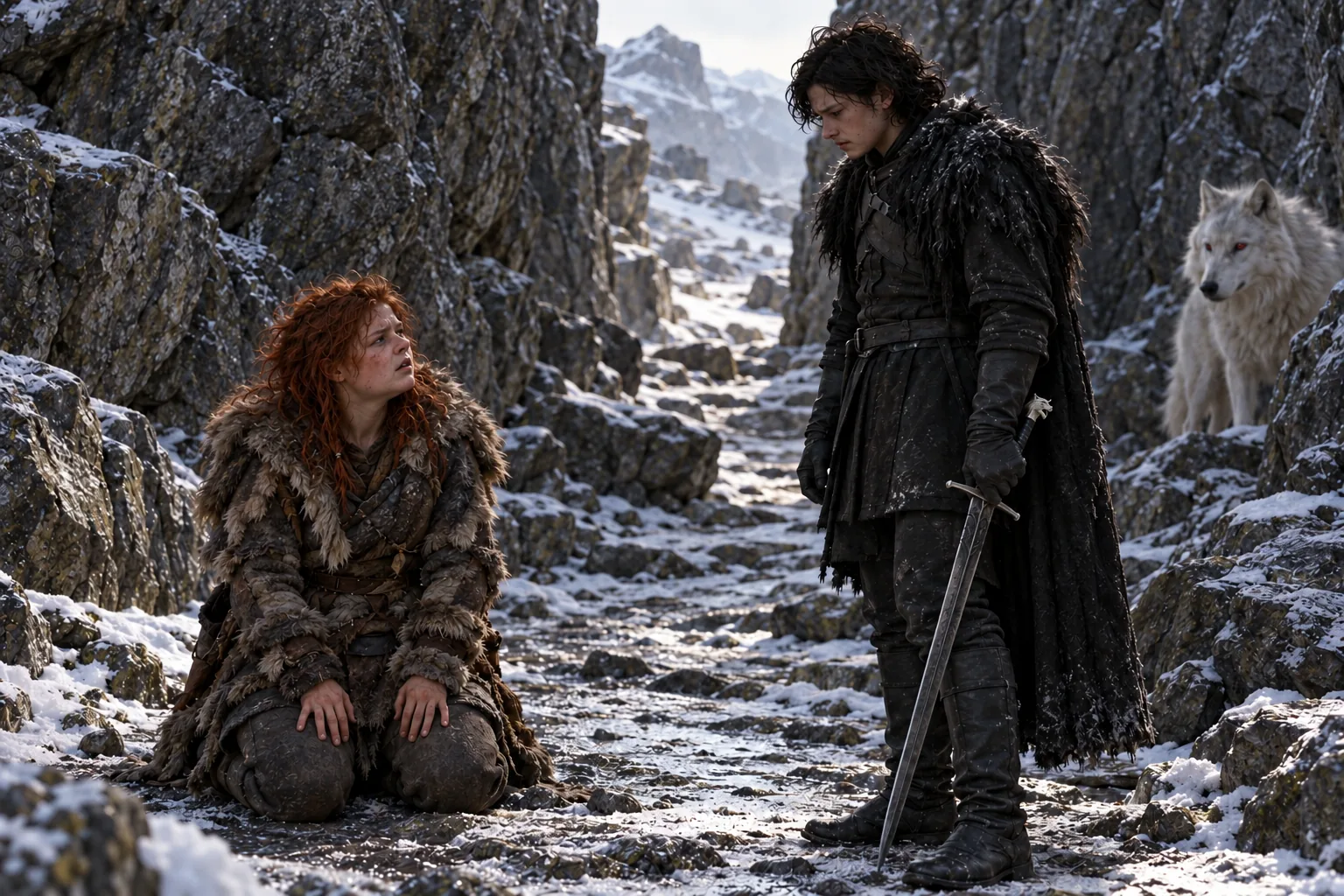 Jon holds Longclaw lowered beside the kneeling, red-haired Ygritte, with Ghost watching nearby.