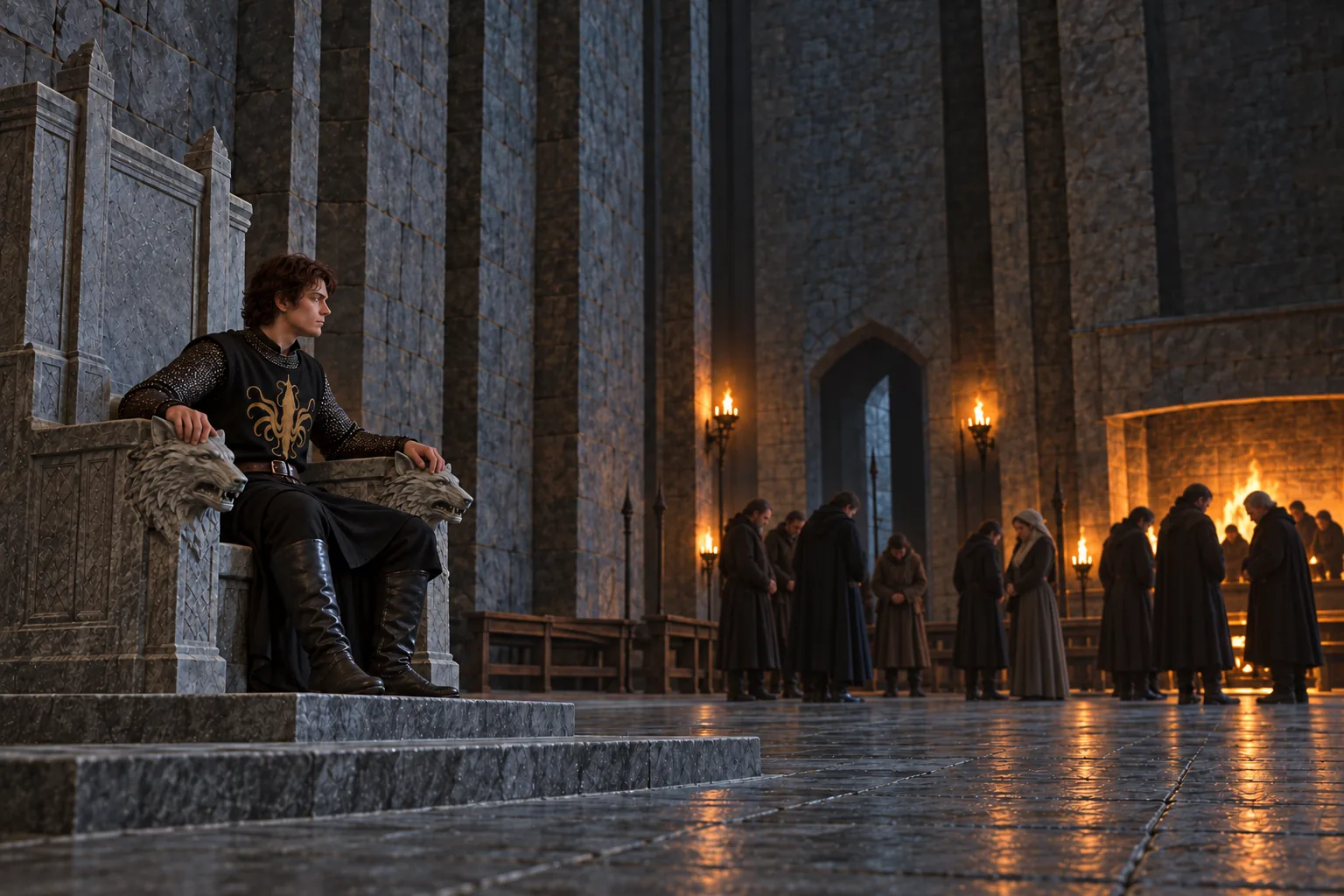 Theon sits alone on Winterfell’s wolf-carved high seat while household members gather apart from him near the hearth.