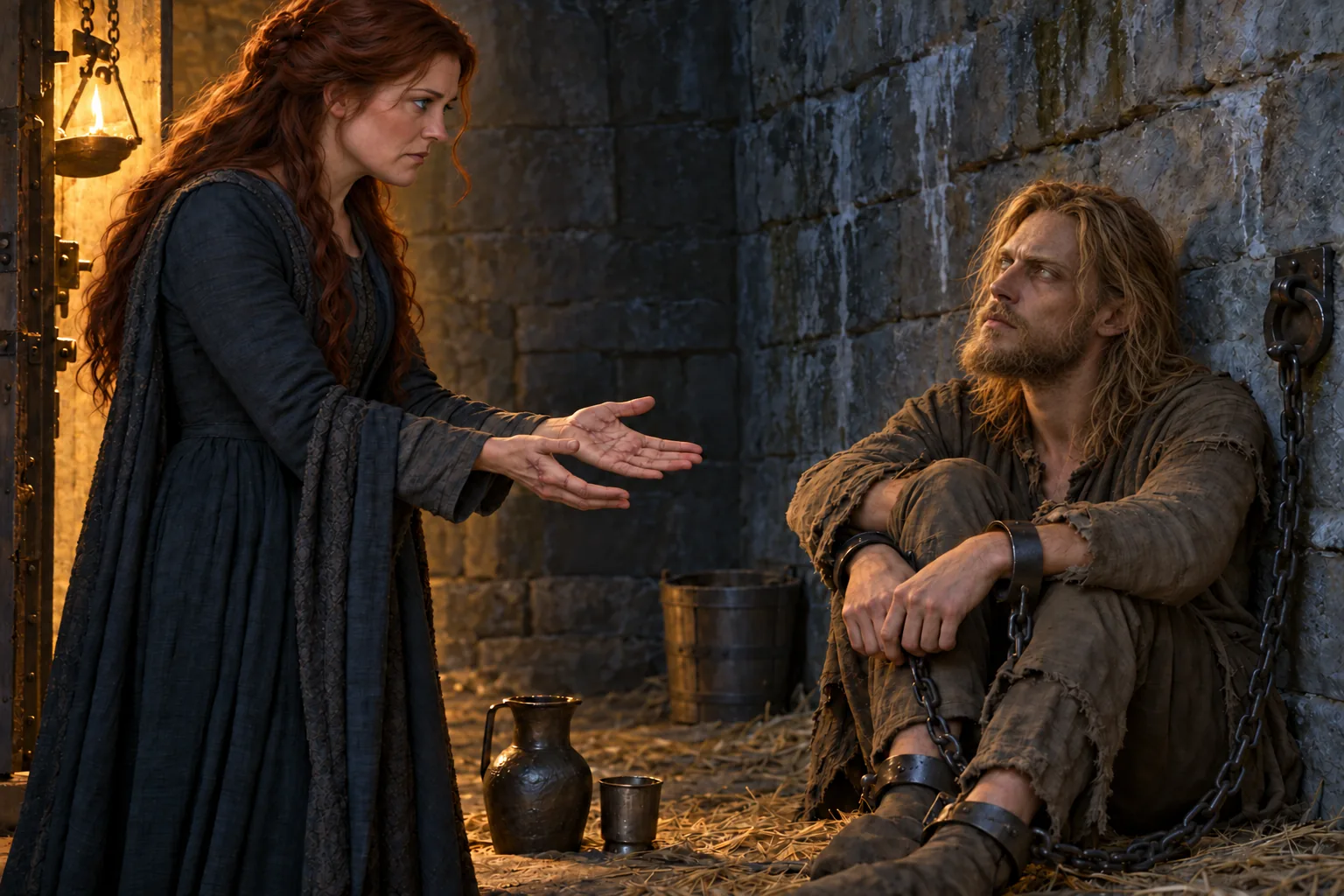 Catelyn confronts a wasted, long-haired and bearded Jaime, chained in Riverrun’s dark dungeon.