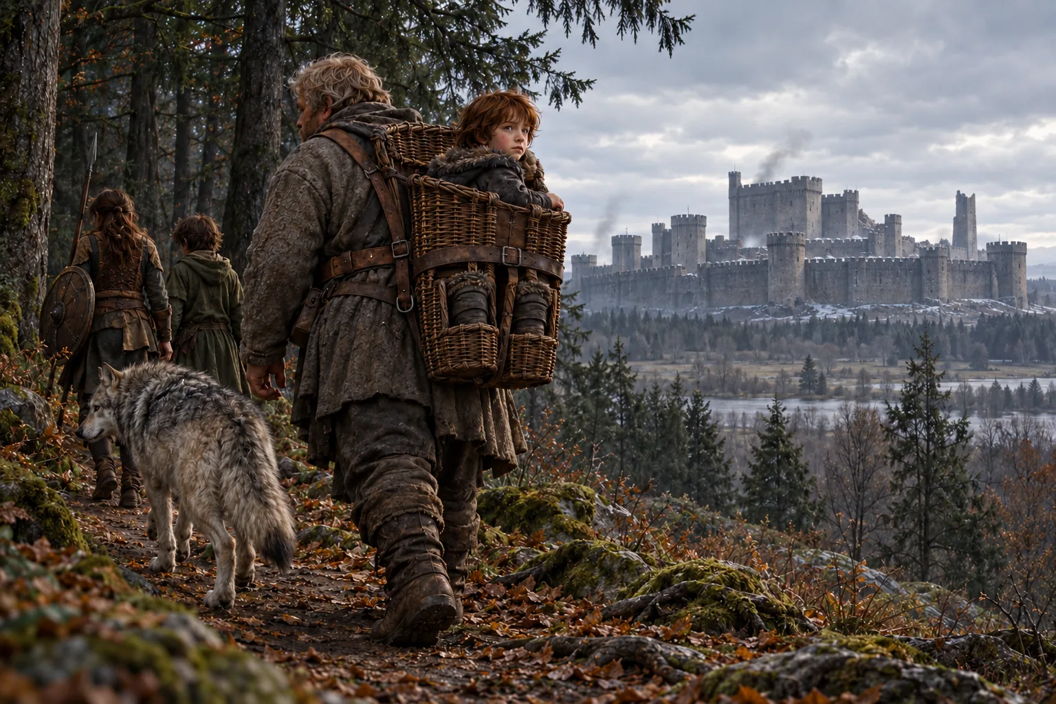 From Hodor’s wicker basket at the wolfswood edge, Bran looks back towards the damaged but still standing walls of Winterfell.