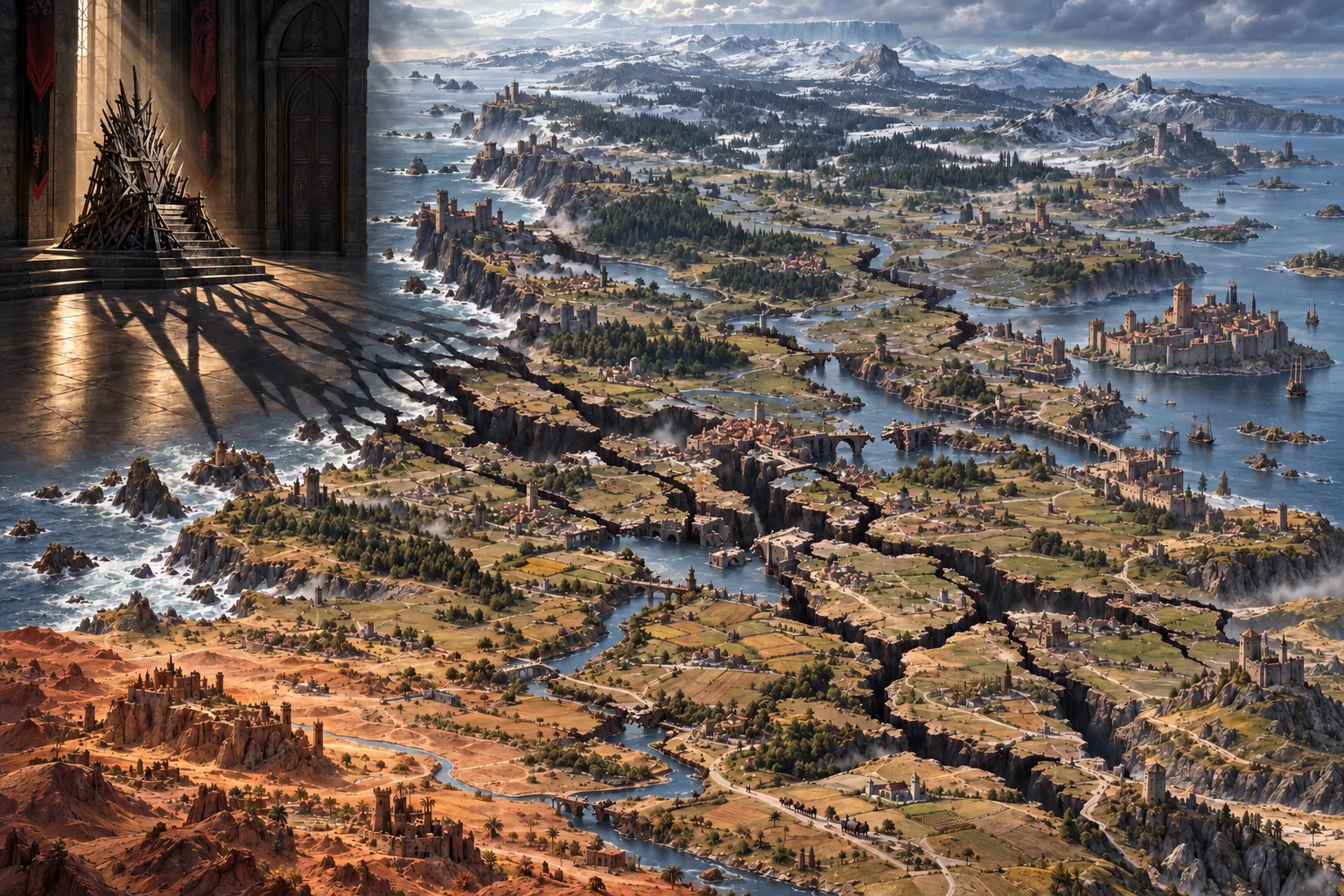 The empty Iron Throne overlooks a fractured, inhabited realm and waterfront beyond the court.