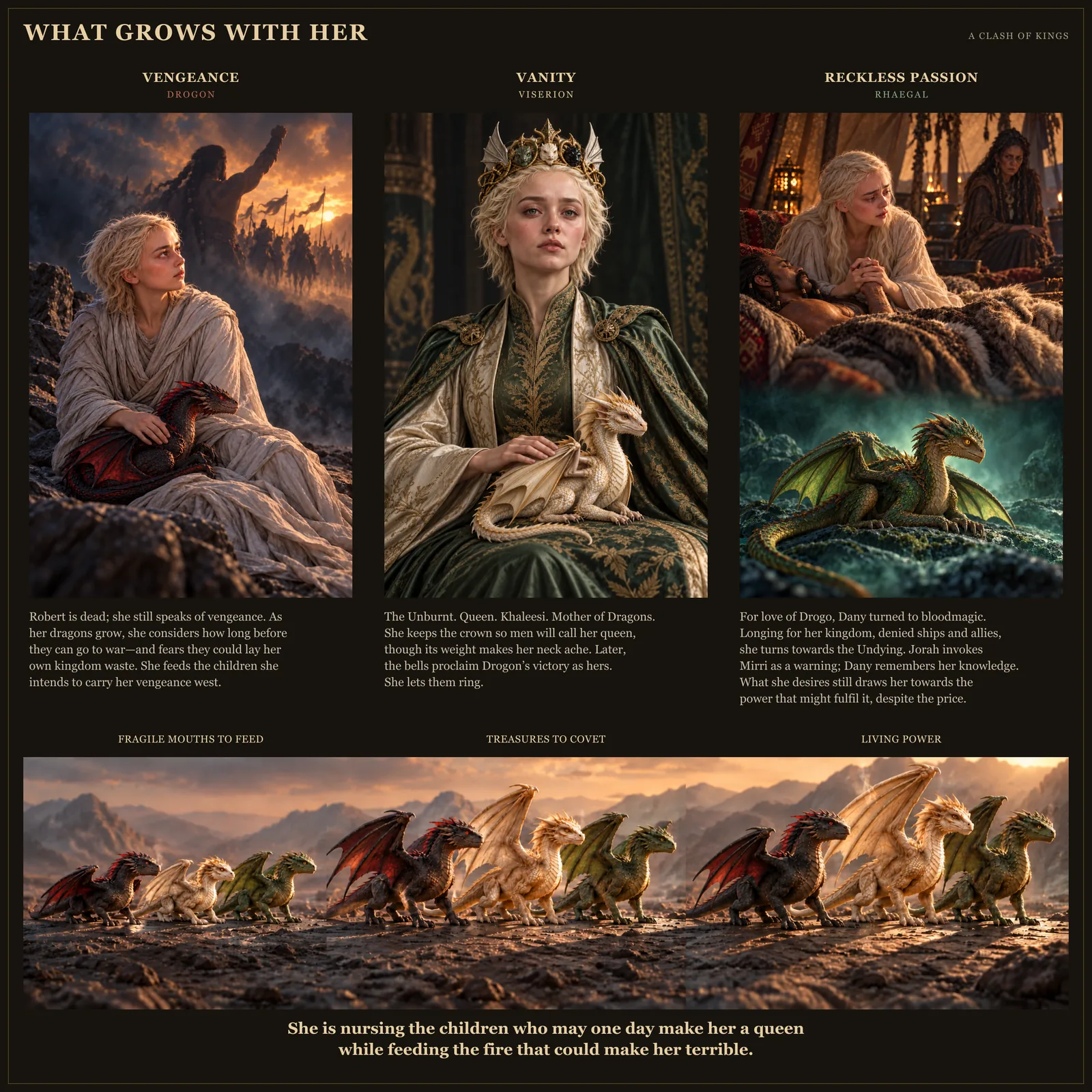Three equal paintings pair Drogon with vengeance, Viserion with vanity and Rhaegal with reckless passion. Beneath them, all three dragons grow from fragile hatchlings towards living power.