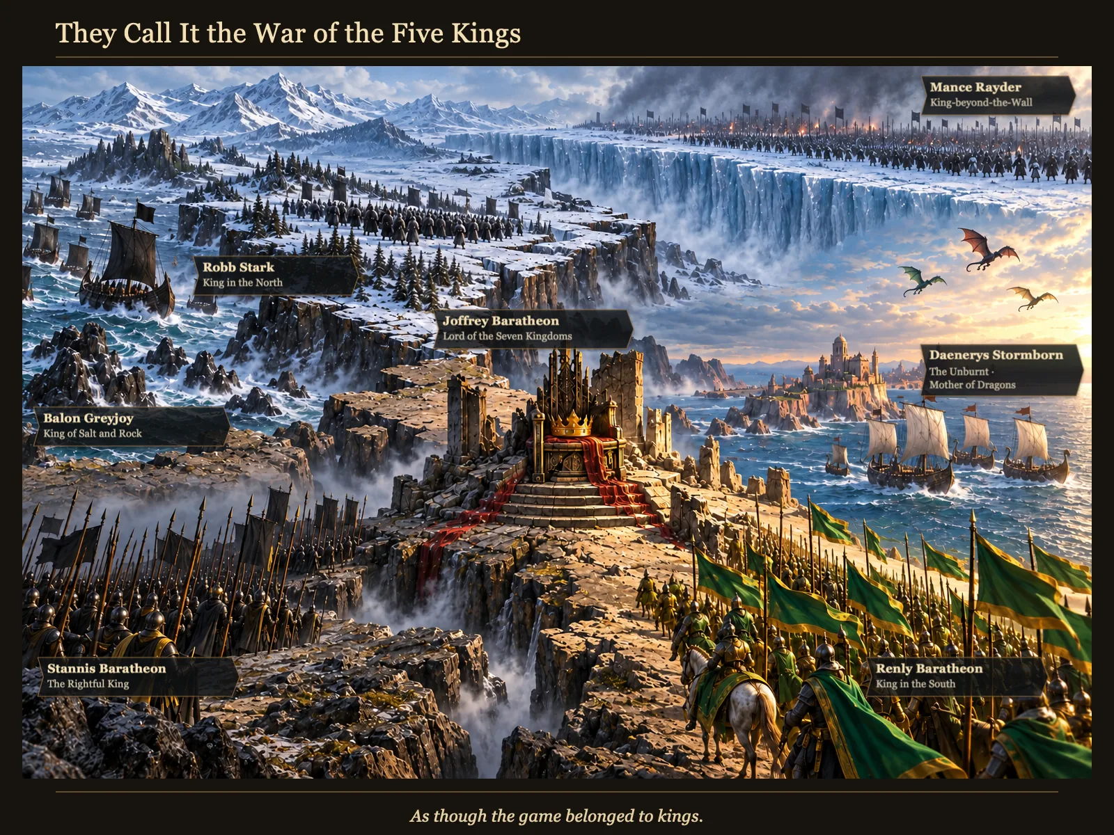 A fractured symbolic realm gathers rival rulers around a throne, while Daenerys and the power beyond the Wall widen the war beyond its familiar name.