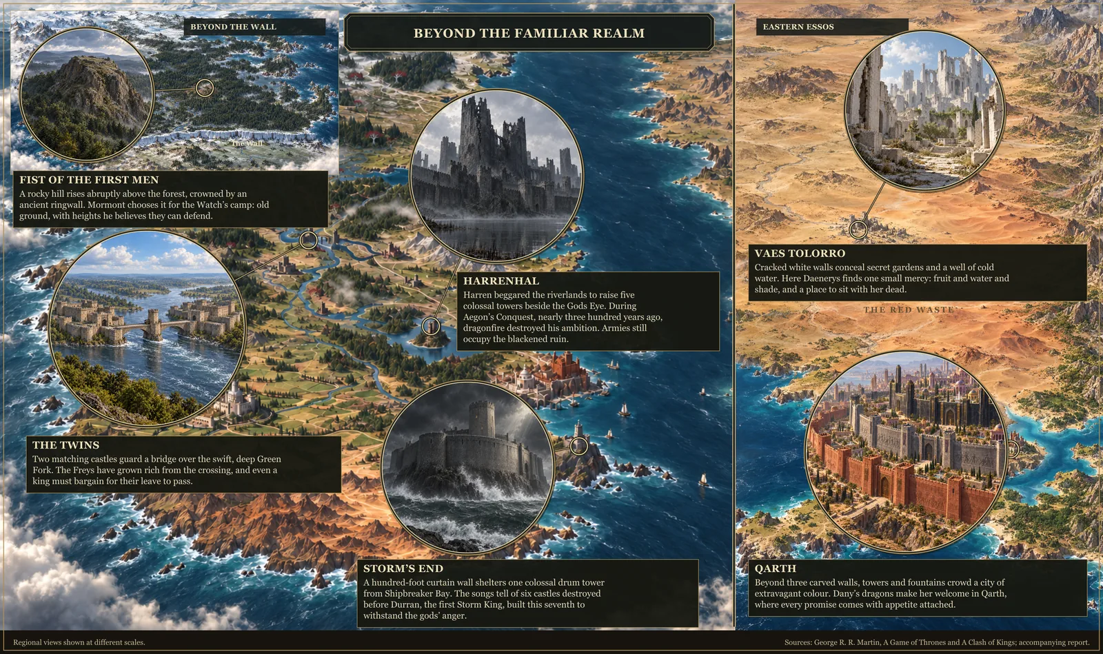 Six large place studies with locator maps show the Fist of the First Men, the Twins, Harrenhal, Storm’s End, Vaes Tolorro and Qarth.