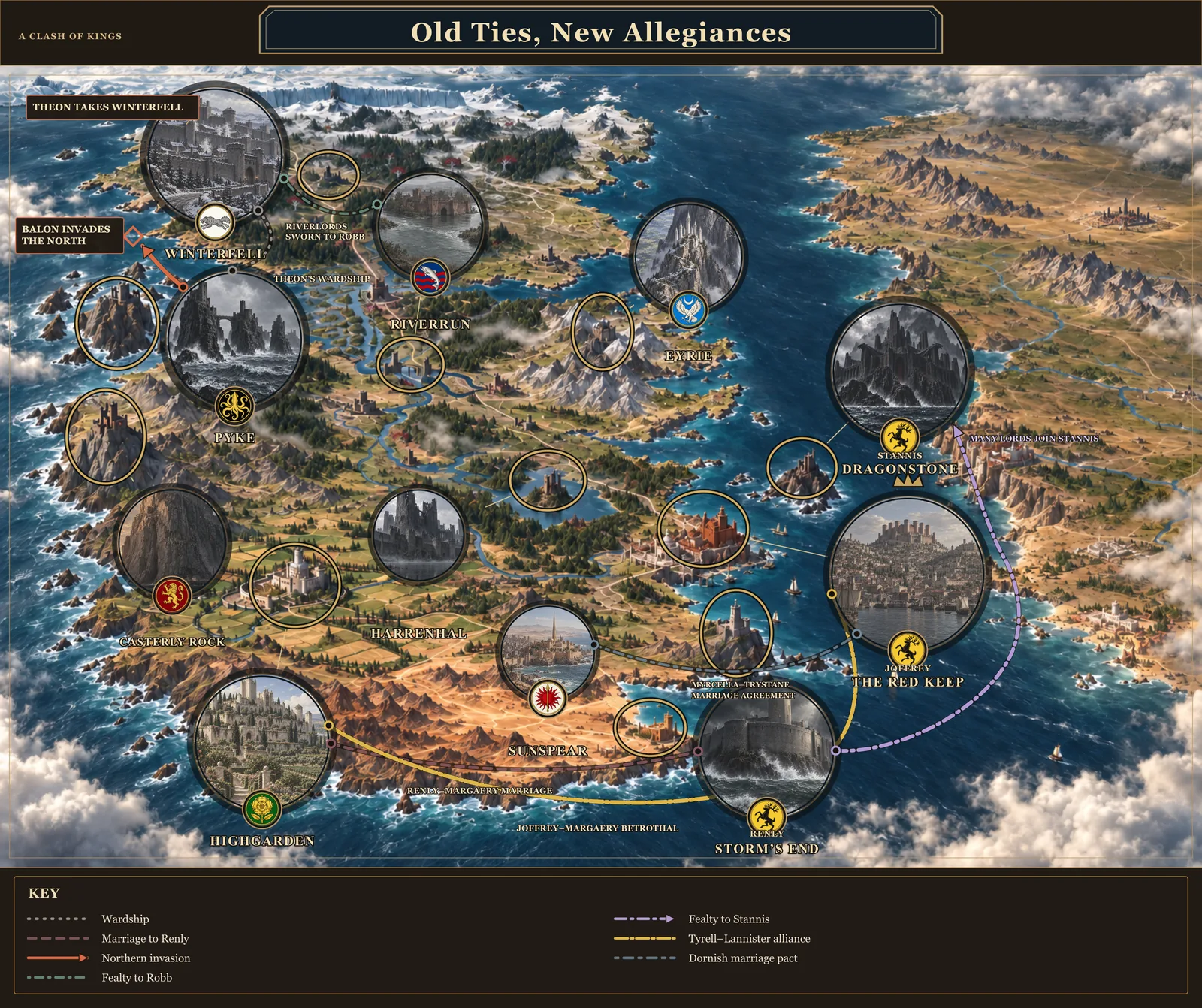 A Great Houses atlas compares changing political ties through relationship lines, illustrated seats and a key for wardship, marriage, invasion and fealty.